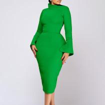 Large diagonal collar solid color flared sleeve commuting women's African dress