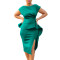 V-neck solid color buttock wrap skirt with ruffle edge and slit, professional European and American dress