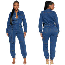 Fashionable streetwear with waistband for a slimming figure. Multi mouth bag with elastic waist, denim workwear jumpsuit
