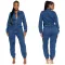 Fashionable streetwear with waistband for a slimming figure. Multi mouth bag with elastic waist, denim workwear jumpsuit