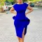 V-neck solid color buttock wrap skirt with ruffle edge and slit, professional European and American dress
