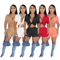 Fashion casual flip collar workwear style sexy multi-color two-piece set