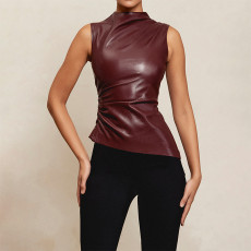 Leather pile collar, personalized waistband, slanted hem, sleeveless top, women's tank top