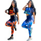 Cross border slim fitting fashion women's printed short sleeved two-piece set from Europe and America