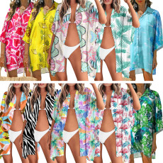 2024 new beach swimsuit with sun protection multi-color printed shirt on top