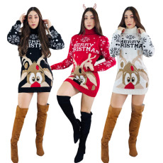 Fashionable and casual high necked Christmas elk printed long sleeved dress