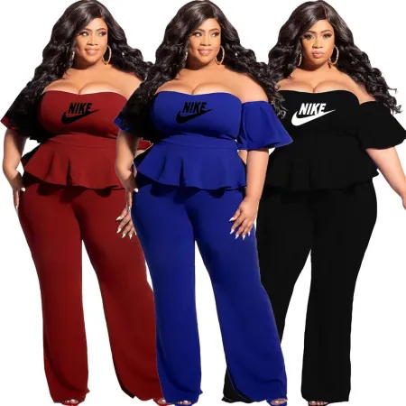 Fashionable oversized women's printed one line collar with wooden ear edge jumpsuit