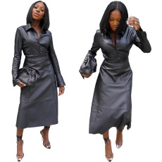 Fashion women's top+half skirt PU two-piece set