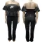 Fashionable oversized women's printed one line collar with wooden ear edge jumpsuit