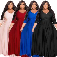 Large size women's solid color large skirt hem dress