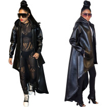 Thickened PU long sleeved hooded drawstring front short back long cape jacket
