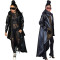 Thickened PU long sleeved hooded drawstring front short back long cape jacket