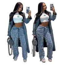 Hot selling fashion ruffled fringe elastic denim pants