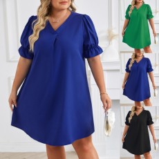 New V-neck short sleeved solid color oversized dress
