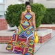 Printed neckline strapless open back large skirt hem dress