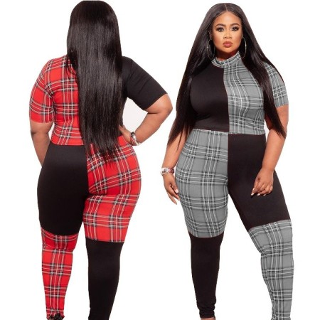 Fashionable and sexy positioning, contrasting color checkered patchwork small foot women's jumpsuit