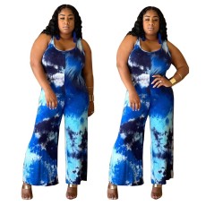 Hip wrap jumpsuit with low collar tie dye printed suspender long pants and wide leg jumpsuit