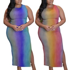 Sexy temperament tie dye printed one step skirt with buttocks wrapped dress