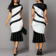 Short sleeved color blocking waist slimming high-end temperament slim fit fishtail dress plus size