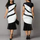 Short sleeved color blocking waist slimming high-end temperament slim fit fishtail dress plus size