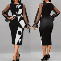 Fashionable digital printed mesh patchwork long sleeved slim pencil dress PLUS SIZE