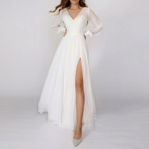 Chiffon split long sleeved V-neck shirt sleeve dress