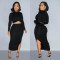 European and American fashion women's solid color pleated round neck long sleeved long skirt two-piece set
