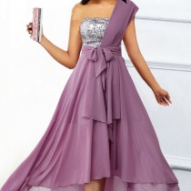 Chest wrapped sequin chiffon large hem formal dress