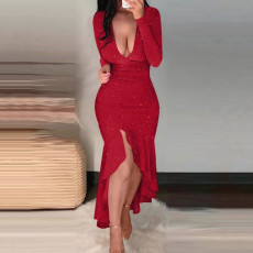 Sexy slim fit hip wrap dress with long sleeves, V-neck, hot pressed sequins, party, wedding, elastic dress