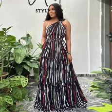 Sexy printed patchwork strap large skirt hem slanted shoulder backless dress