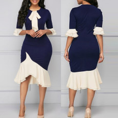 Large size women's elegant temperament, 5/4 sleeve irregular lace skirt hem dress
