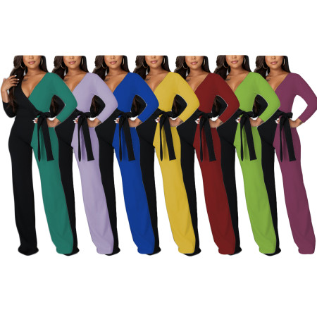 New women's V-neck slim fit, fashionable and sexy solid color jumpsuit with belt