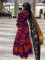 Printed diagonal shoulder waist cinched lantern sleeve long lace dress