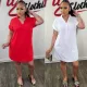 Sexy solid V-neck short sleeved medium length shirt with a flip collar and solid color dress