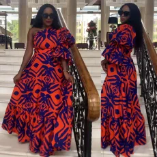 Printed diagonal shoulder waist cinched lantern sleeve long lace dress