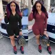 Autumn solid color pit stripe zipper jumpsuit