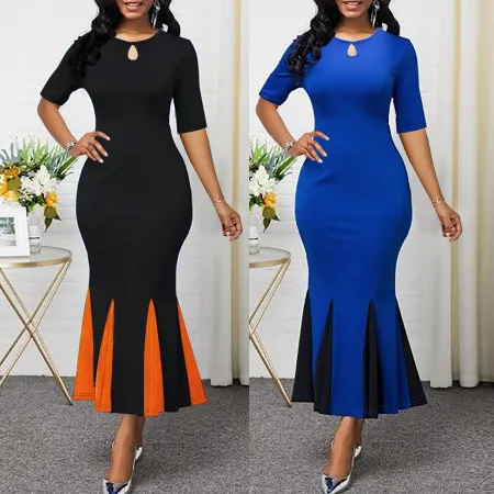 Elegant V-neck cross waisted mesh half sleeved fishtail mid length skirt