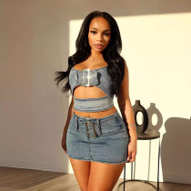 Adjustable buckle elastic casual denim set two-piece women's clothing