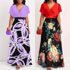 Ladies style V-neck 3/4 sleeve retro printed skirt hem large A-line long skirt