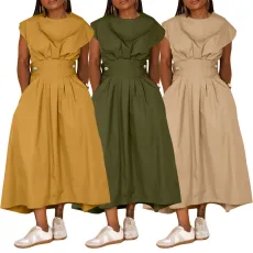 Solid color round neck loose hem nylon dress
