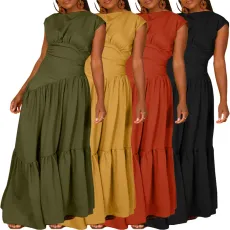 Spring and summer solid color sleeveless pleated loose nylon dress with large hem
