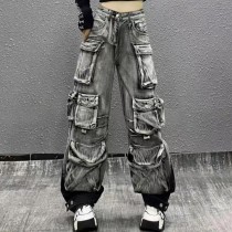Large pocket design for washing gradient work clothes, paratrooper pants, casual jeans, women's fashion