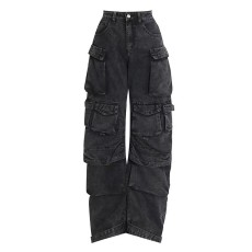 Specially designed for street trendsetters, new fashionable smoky gray patchwork multi pocket workwear pants