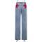 Mid waist and back five corner contrasting color pants, casual denim micro flared pants