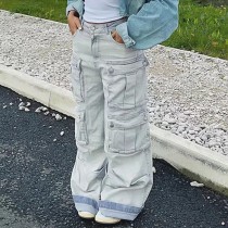 Multi pocket floor mopping workwear denim pants, women's American spicy girl fashion loose drape straight leg low waisted wide leg pants
