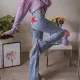 Mid waist and back five corner contrasting color pants, casual denim micro flared pants