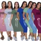 Elastic waist short sleeved solid color printed T-shirt skirt medium length skirt