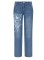 Autumn streetwear trendsetters with personalized printed straight leg pants, distressed mid rise jeans
