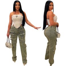 Summer new style washed and vintage low waisted zippered multi bag workwear jeans