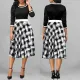 New style elegant round neck patchwork plaid printed skirt hem light mature dress